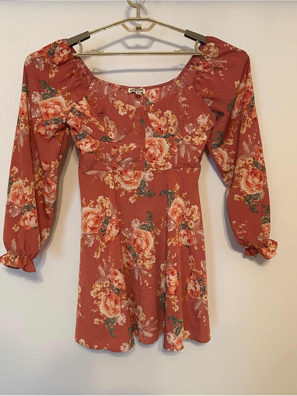 Inspired Hearts Rust Floral Babydoll Dress with Cream & Green Accents